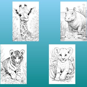May include: A coloring book page featuring four black and white illustrations of baby animals: a giraffe, a hippopotamus, a tiger, and a lion. Each animal is surrounded by flowers and foliage.