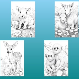May include: A black and white coloring page featuring four different animals: a piglet, two goats, a deer fawn, and two monkeys. The animals are drawn in a realistic style with detailed features.