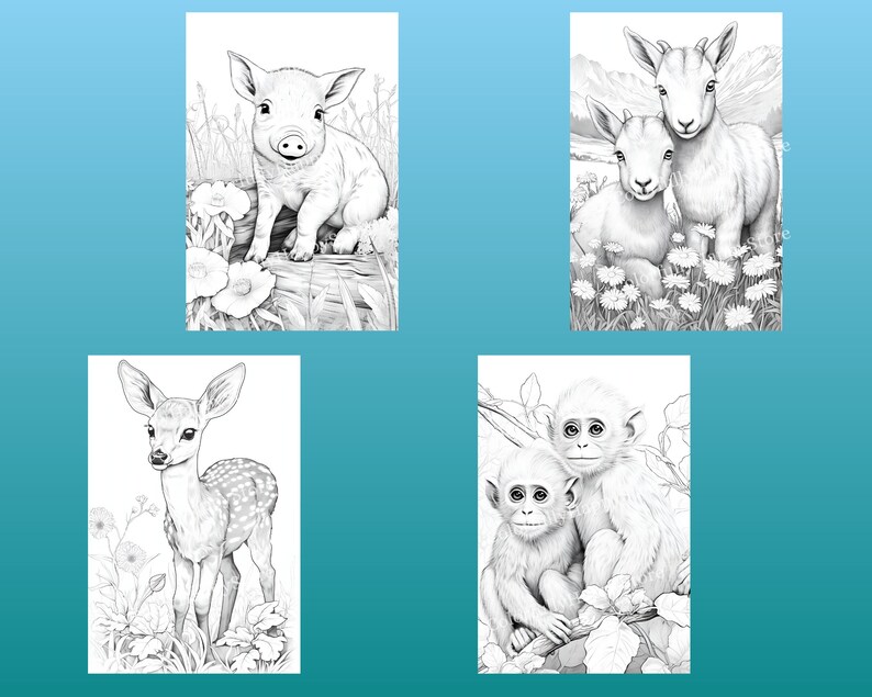 May include: A black and white coloring page featuring four different animals: a piglet, two goats, a deer fawn, and two monkeys. The animals are drawn in a realistic style with detailed features.
