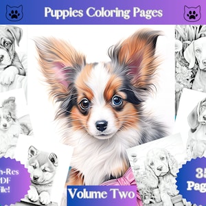 以下が含まれることがあります： 白黒の犬の赤ちゃん塗り絵35ページのセット。表紙には、茶色、白、黒の毛並みの犬の赤ちゃんのアップが掲載されています。"Puppies Coloring Pages"と"Volume Two"の文字が見えます。高画質PDFファイルです！