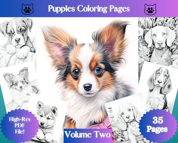 Puppies Coloring Pages: Grayscale Adult Coloring Book (PDF Download)