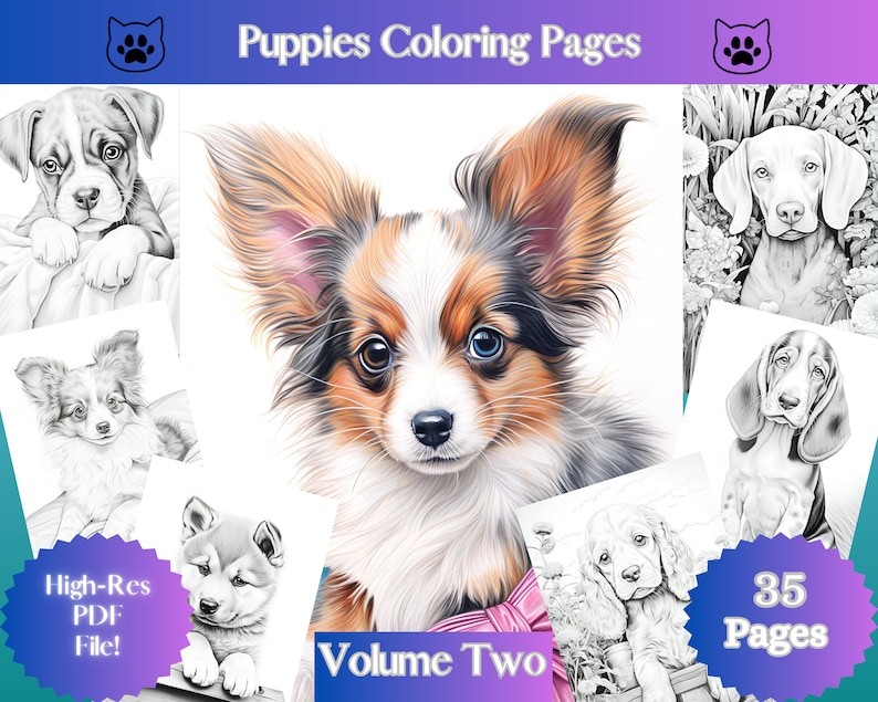 以下が含まれることがあります： 白黒の犬の赤ちゃん塗り絵35ページのセット。表紙には、茶色、白、黒の毛並みの犬の赤ちゃんのアップが掲載されています。"Puppies Coloring Pages"と"Volume Two"の文字が見えます。高画質PDFファイルです！