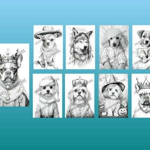 Puede incluir: Ilustraciones en blanco y negro de perros con varios disfraces. Los perros llevan disfraces como un rey, un vaquero, un nativo americano, una bruja, un Pap&aacute; Noel y una pijama.