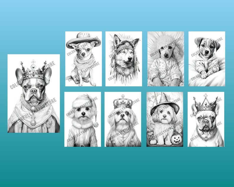 Puede incluir: Ilustraciones en blanco y negro de perros con varios disfraces. Los perros llevan disfraces como un rey, un vaquero, un nativo americano, una bruja, un Pap&aacute; Noel y una pijama.
