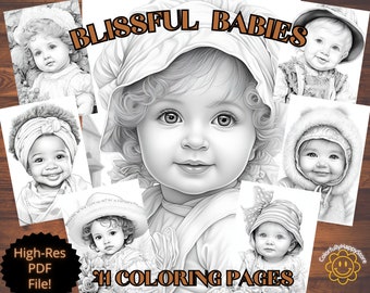 Blissful Babies Coloring Pages: Grayscale Portrait Art (PDF Download)