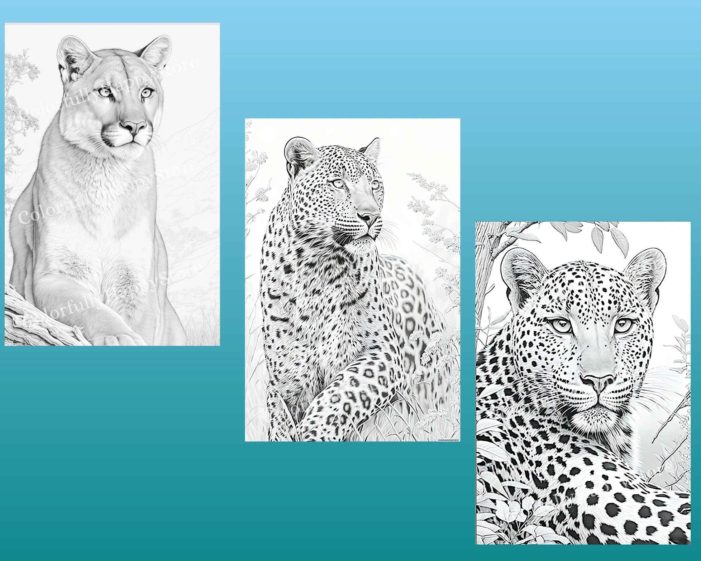 Wildlife Realistic Coloring Pages of Wild Cats, Grayscale Coloring Book ...