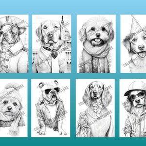 Puede incluir: Un conjunto de ocho ilustraciones en blanco y negro de perros vestidos con diferentes atuendos. Los perros est&aacute;n dibujados en un estilo realista e incluyen un Bulldog Franc&eacute;s, un Labrador Retriever, un Golden Retriever, un Cocker Spaniel, un Shih Tzu, un Beagle, un Cavalier King Charles Spaniel y un Pastor Australiano.