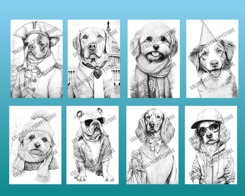Puede incluir: Un conjunto de ocho ilustraciones en blanco y negro de perros vestidos con diferentes atuendos. Los perros est&aacute;n dibujados en un estilo realista e incluyen un Bulldog Franc&eacute;s, un Labrador Retriever, un Golden Retriever, un Cocker Spaniel, un Shih Tzu, un Beagle, un Cavalier King Charles Spaniel y un Pastor Australiano.