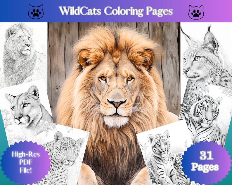 Wildlife realistic coloring pages of wild cats grayscale - Etsy México