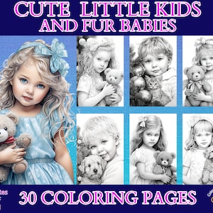 May include: A set of 30 coloring pages featuring cute children and their furry animal companions. The pages are black and white and ready to be colored in. The images include children holding teddy bears, kittens, puppies, and other animals.