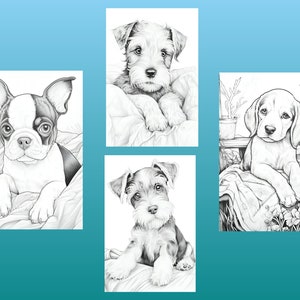 以下が含まれることがあります： 4匹の子犬の白黒イラストのセット。それぞれの子犬は異なるポーズと場所で描かれています。最初の子犬はボストン・テリアで、毛布の上に横たわっています。2匹目はシュナウザーで、毛布の上に横たわっています。3匹目はシュナウザーで、毛布の上に横たわっています。4匹目はビーグルで、毛布の上に横たわっています。