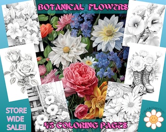 Botanical Flowers Grayscale Coloring Book: Realistic Line Art (PDF Download)