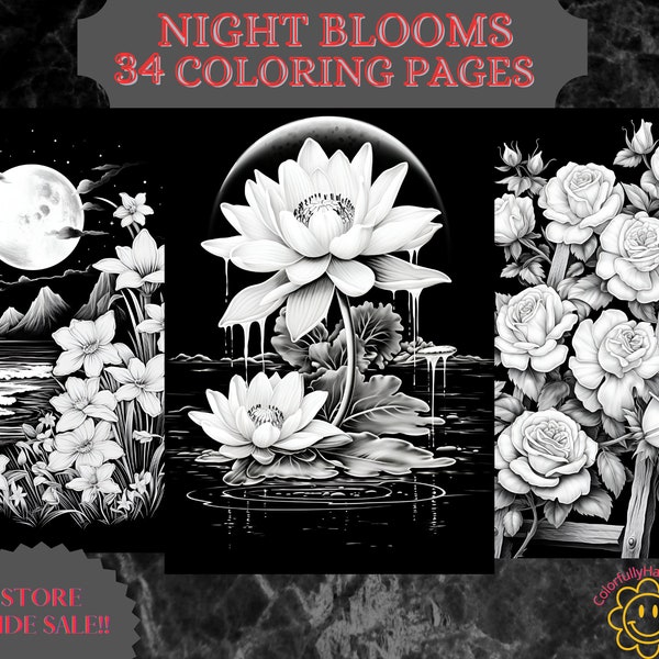 Flowers coloring pages adult grayscale botanical coloring book floral black background relaxing stress-relieving PDF printable coloring
