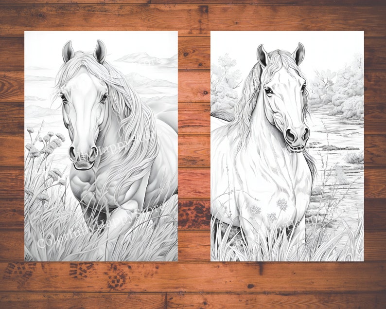 May include: A black and white line drawing of a horse standing in a field of tall grass. The horse has a long mane and tail. The background is a blurry image of a field and trees.
