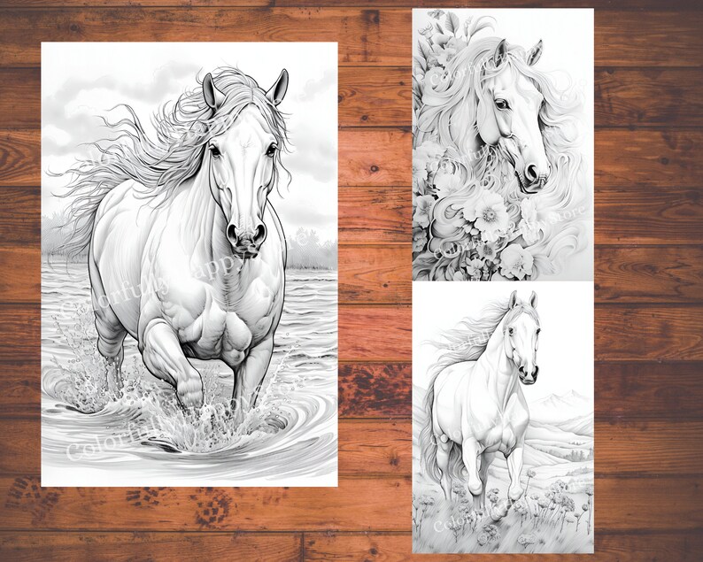 May include: Three black and white line drawings of horses. The first image shows a horse running through water. The second image shows a horse's head with flowers. The third image shows a horse running through a field.