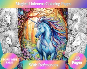 Magical Unicorns Coloring Book: Fantasy Grayscale Art (Digital Download)