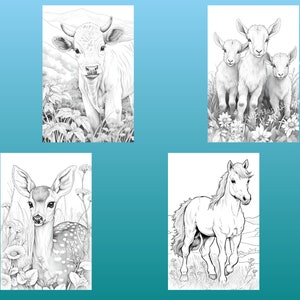 May include: Black and white line art illustrations of four farm animals: a cow, two goats, a deer, and a horse. Each animal is depicted in a field with flowers.