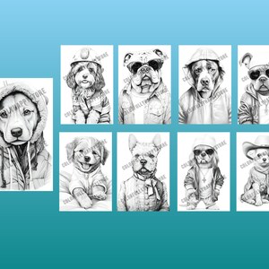 Puede incluir: Un conjunto de ocho ilustraciones en blanco y negro de perros con diferentes atuendos. Los perros son de diferentes razas y tama&ntilde;os. Los atuendos incluyen un uniforme de bombero, una chaqueta vaquera, una sudadera con capucha, un sombrero de vaquero, un gorro y una bandana.