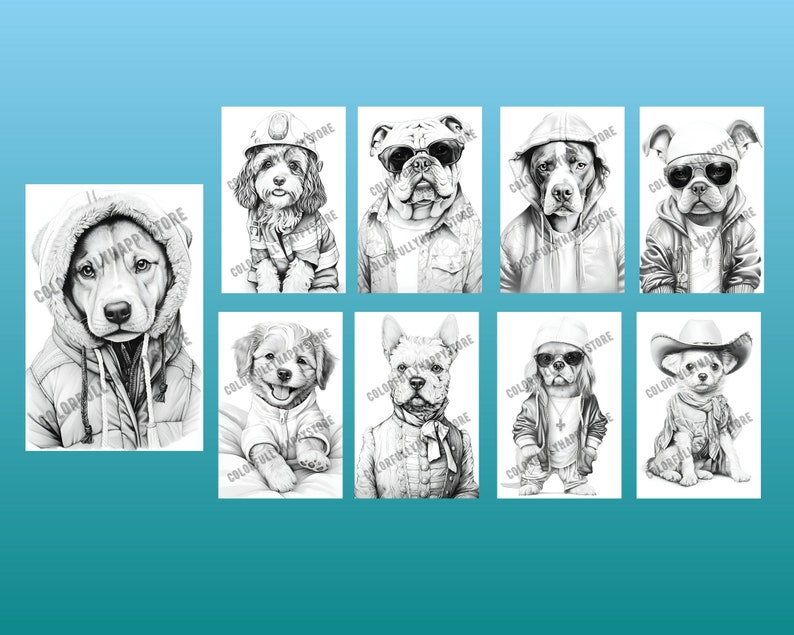 Puede incluir: Un conjunto de ocho ilustraciones en blanco y negro de perros con diferentes atuendos. Los perros son de diferentes razas y tama&ntilde;os. Los atuendos incluyen un uniforme de bombero, una chaqueta vaquera, una sudadera con capucha, un sombrero de vaquero, un gorro y una bandana.