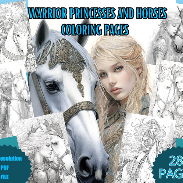 Horses Warrior Princesses, adult grayscale coloring pages, adult coloring, wildlife coloring, coloring realistic portraits, download pdf