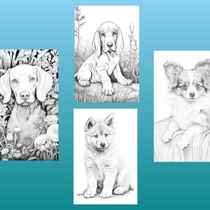 以下が含まれることがあります： 異なる犬種の白黒イラスト4点。犬はすべて子犬で、カメラを見ている。イラストは写実的なスタイルである。