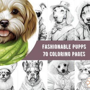 Puede incluir: Una colecci&oacute;n de 70 p&aacute;ginas para colorear con cachorros a la moda en diferentes atuendos. La imagen de portada muestra un lindo perro esponjoso con una bufanda verde.