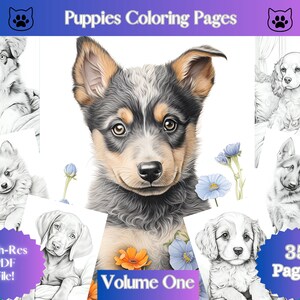 May include: A collection of 35 black and white puppy coloring pages. The cover features a close-up of a puppy with blue and brown fur. The text "Puppies Coloring Pages" and "Volume One" are visible.  High-resolution PDF file.