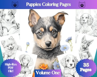 Puppies Coloring Pages: Realistic Dogs, Grayscale Art (PDF Download)