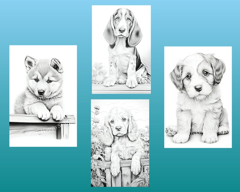 以下が含まれることがあります： 4匹の子犬の白黒鉛筆画。それぞれの絵は異なる犬種の子犬を描いています。子犬はすべて座ったり立ったりと様々なポーズをとっています。