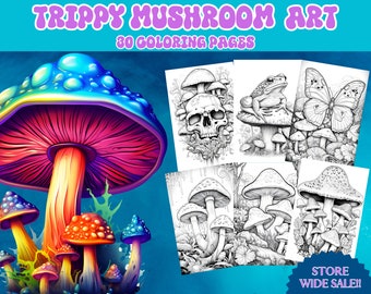 Trippy Mushroom Art Coloring Pages: Skulls, Frogs (PDF Download)