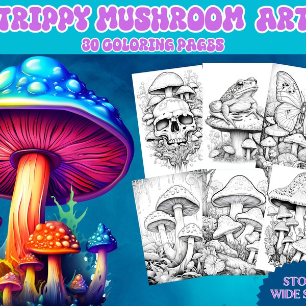 Adult coloring pages Trippy Mushrooms Art coloring sheets book skulls frogs line art grayscale coloring instant download