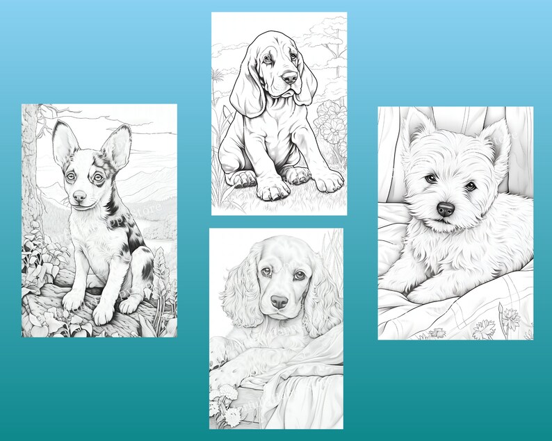 May include: Four black and white illustrations of dogs. The first image shows a small dog sitting on a log. The second image shows a large dog sitting in a field of flowers. The third image shows a small dog lying on a blanket. The fourth image shows a small dog sitting in a basket.