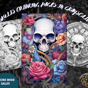 Może przedstawiać: Trzy strony do kolorowania przedstawiające czaszki otoczone kwiatami i innymi misternymi wzorami. Pierwsza strona jest w odcieniach szarości, druga strona jest kolorowa, a trzecia strona jest w odcieniach szarości. Tekst "Skulls Coloring Pages in Grayscale" znajduje się w górnej części obrazu. Tekst "Store Wide Sale!!" znajduje się w dolnej części obrazu.
