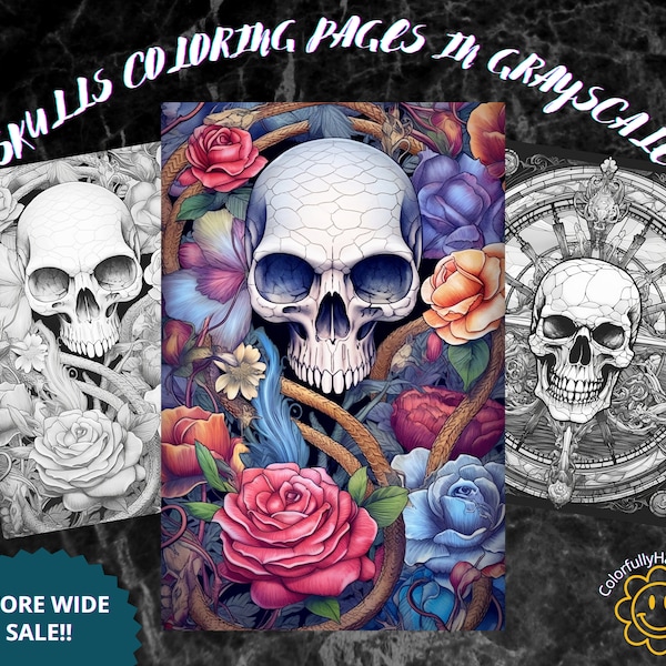 Skulls grayscale coloring, adult pages coloring book, reference photo, instant JPG  PDF DOWNLOAD, floral line art, tattoo mens coloring page