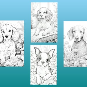 May include: Four black and white illustrations of dogs in a garden setting. Each dog is a different breed and is surrounded by flowers.
