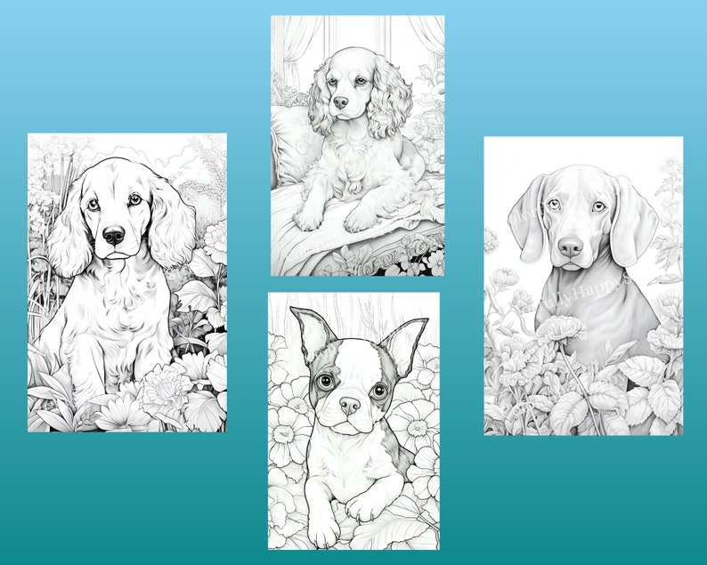 May include: Four black and white illustrations of dogs in a garden setting. Each dog is a different breed and is surrounded by flowers.