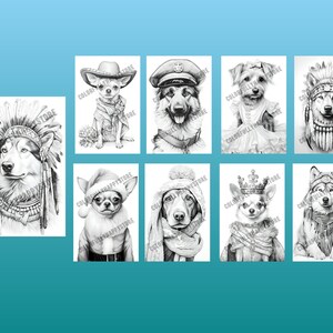 Puede incluir: Un conjunto de ocho ilustraciones en blanco y negro de perros con diversos disfraces. Los perros est&aacute;n dibujados en un estilo realista e incluyen un chihuahua con un sombrero, un pastor alem&aacute;n con un gorro de polic&iacute;a, un Yorkshire Terrier con un vestido, un husky con un tocado de nativo americano, un chihuahua con un gorro de Pap&aacute; Noel, un dachshund con un gorro de invierno y una bufanda, un chihuahua con una corona y un husky con un tocado de nativo americano.
