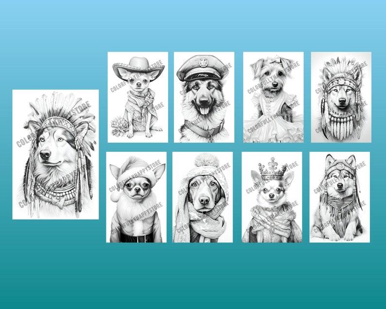 Puede incluir: Un conjunto de ocho ilustraciones en blanco y negro de perros con diversos disfraces. Los perros est&aacute;n dibujados en un estilo realista e incluyen un chihuahua con un sombrero, un pastor alem&aacute;n con un gorro de polic&iacute;a, un Yorkshire Terrier con un vestido, un husky con un tocado de nativo americano, un chihuahua con un gorro de Pap&aacute; Noel, un dachshund con un gorro de invierno y una bufanda, un chihuahua con una corona y un husky con un tocado de nativo americano.