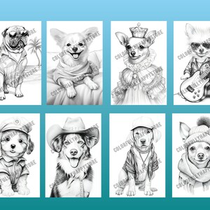 Puede incluir: Un conjunto de ocho ilustraciones en blanco y negro de perros con diferentes atuendos. Los perros est&aacute;n dibujados en un estilo realista e incluyen un bulldog, un chihuahua, un terrier, un perro pastor, un labrador y un dachshund.
