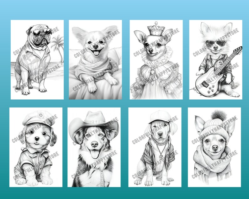 Puede incluir: Un conjunto de ocho ilustraciones en blanco y negro de perros con diferentes atuendos. Los perros est&aacute;n dibujados en un estilo realista e incluyen un bulldog, un chihuahua, un terrier, un perro pastor, un labrador y un dachshund.