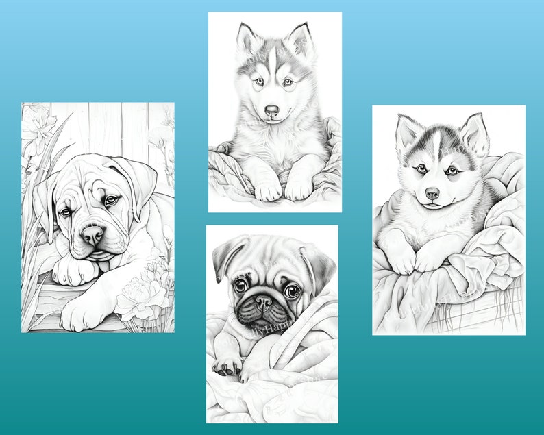 以下が含まれることがあります： 子犬の白黒イラストが4つあります。最初の画像は、横になっているブルドッグの子犬です。2番目の画像は、横になっているハスキーの子犬です。3番目の画像は、横になっているパグの子犬です。4番目の画像は、横になっているハスキーの子犬です。