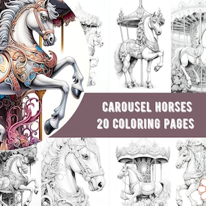 Może przedstawiać: Zbiór 20 stron do kolorowania przedstawiających konie karuzelowe. Obrazy to czarno-białe rysunki koników karuzelowych w różnych pozach. Tytuł "Carousel Horses 20 Coloring Pages" jest wyświetlany u dołu obrazu.