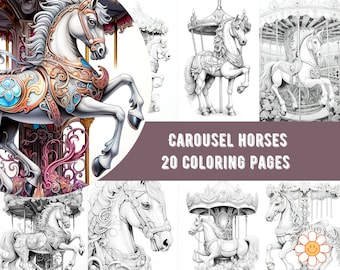 Carousel Horse coloring pages, grayscale coloring books, adult coloring, magical animals, digital coloring pages, pdf instant download