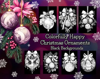 48 grayscale coloring pages, Colorfully Happy Christmas Ornaments Black Background, detailed line art, wreath, pdf download