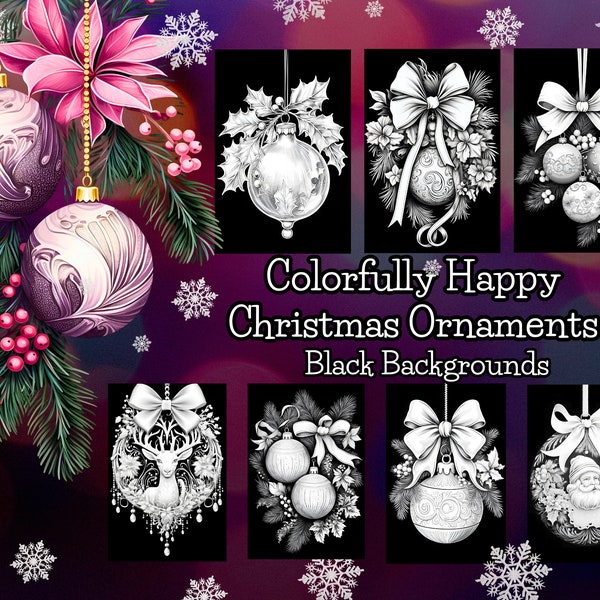 48 grayscale coloring pages, Colorfully Happy Christmas Ornaments Black Background, detailed line art, wreath, pdf download