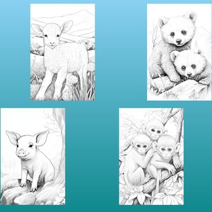 May include: A black and white coloring page featuring four different baby animals: a lamb, a pig, two bear cubs, and two monkeys. The animals are drawn in a realistic style with detailed features.