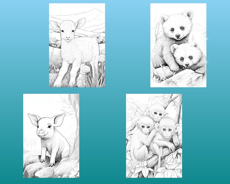 May include: A black and white coloring page featuring four different baby animals: a lamb, a pig, two bear cubs, and two monkeys. The animals are drawn in a realistic style with detailed features.