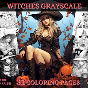 Adult coloring pages, grayscale coloring book, witches Halloween, coloring pages, horror coloring, fantasy, instant download coloring