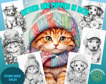 May include: A collection of black and white illustrations of kittens and puppies wearing hats. The illustrations are in a collage format and include a kitten wearing a knitted hat, a puppy wearing a baseball cap, a kitten wearing a top hat, and a puppy wearing a hooded sweatshirt. The text "Kittens and Puppies in Hats" is at the top of the image. The text "Store Wide Sale!!" is at the bottom of the image.