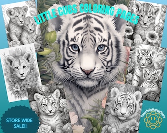 Lion & Tiger Cubs Grayscale Coloring Pages: Realistic Wildlife (Digital Download)